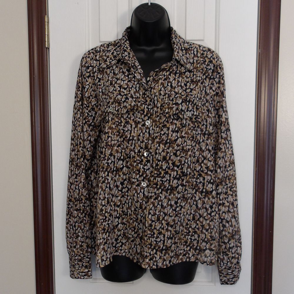 Molly Bracken Woven Top Animal Print Long‎ Sleeve Button Up Blouse L